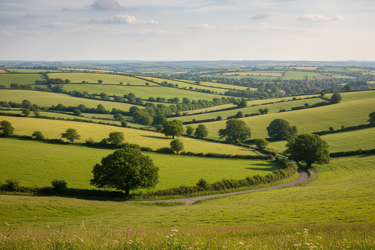 pan of the south of england countryside with a road winding through it